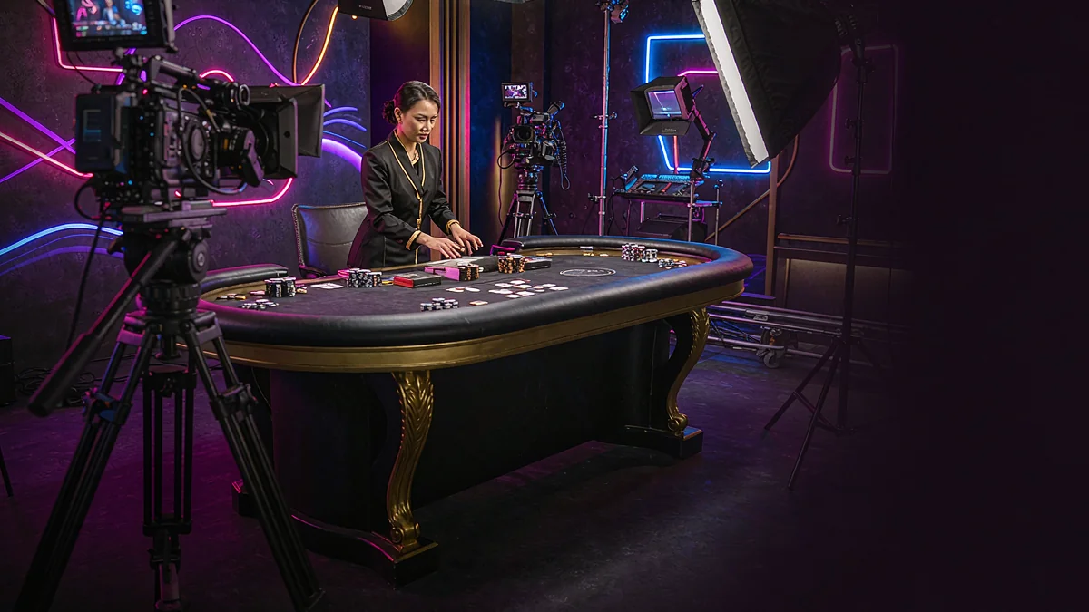 Camera and studio lighting facing a casino table — pkr10 guidance Camera and studio lighting facing a casino table